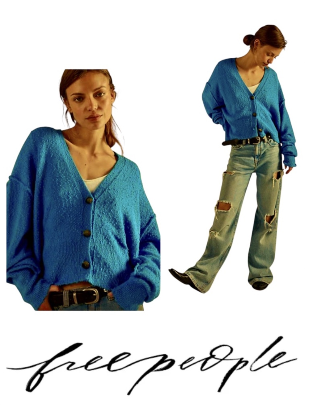 Free People Found My Friend Sweater Cardigan Sz Large Blue Teal Hoodie Oversize
